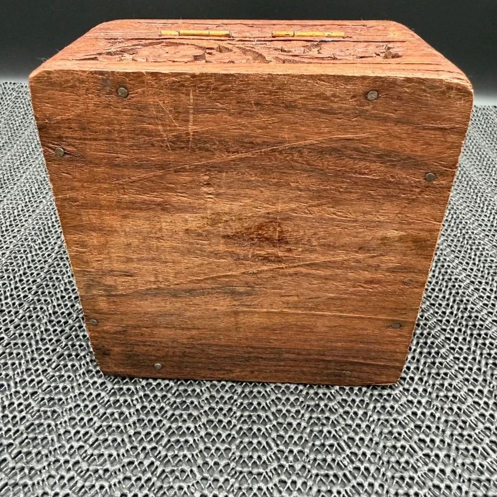 Hand Carved Wooden Trinket Box Floral Inlay Hinged Jewelry Keepsake Box 4x4